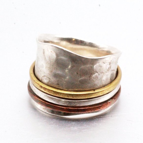 Sterling Silver Brass Modernist Hammered Wide Band Ring - Picture 3 of 8